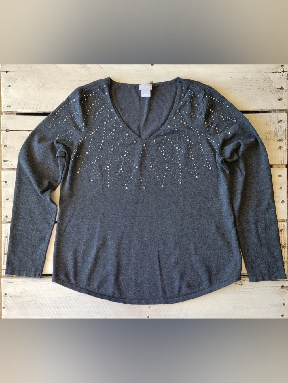 Chicos Grey V Neck Sweater Size 1  Metal Embellished